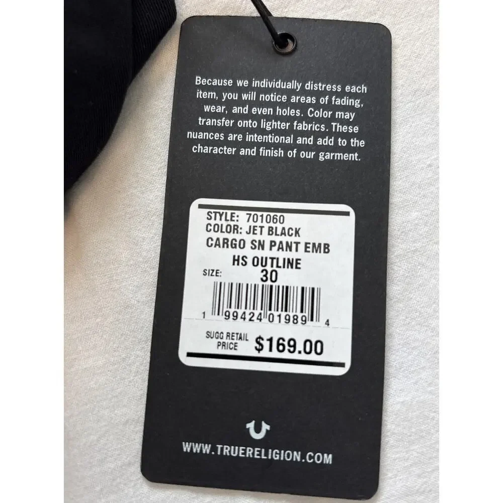 NWT True Religion Outline Graphic Letter Cargo Pants Jet Black Size 30 Rare Y2K